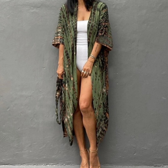 Olive Green Tie Dye Boho Swim Coverup Kimono Robe - Picture 6 of 6